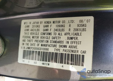 2008 Honda Accord 2.4 Ex-L z USA, uszkodzony, nr VIN JHMCP26898C010066